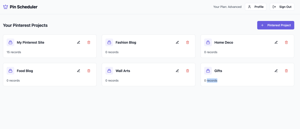 Pinterest Project Dashboard